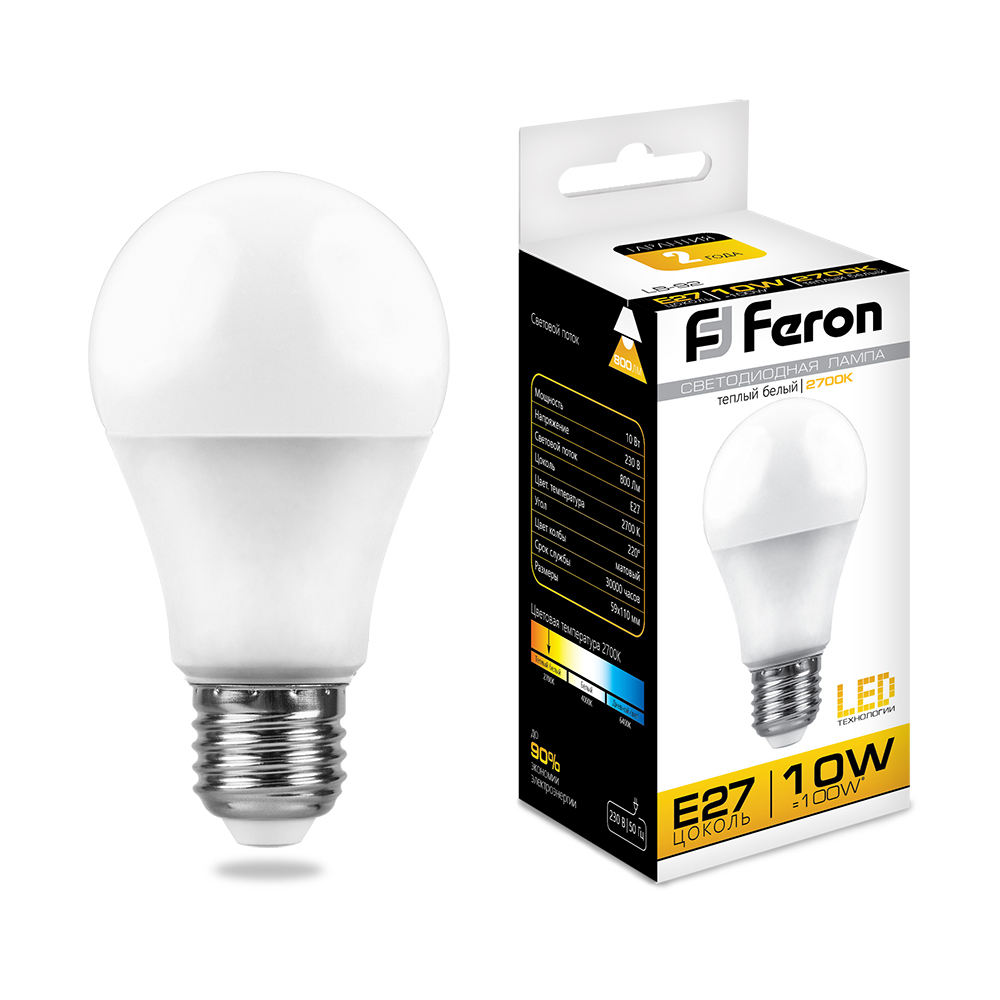 Лампа Груша 10W 2700K E27 A60 LB-92 Feron LED 