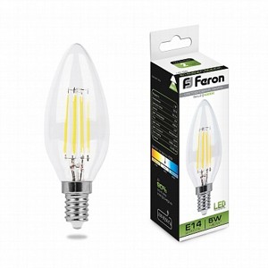 Лампа Свеча 5W 4000K E14  филамент LB-58 LED Feron